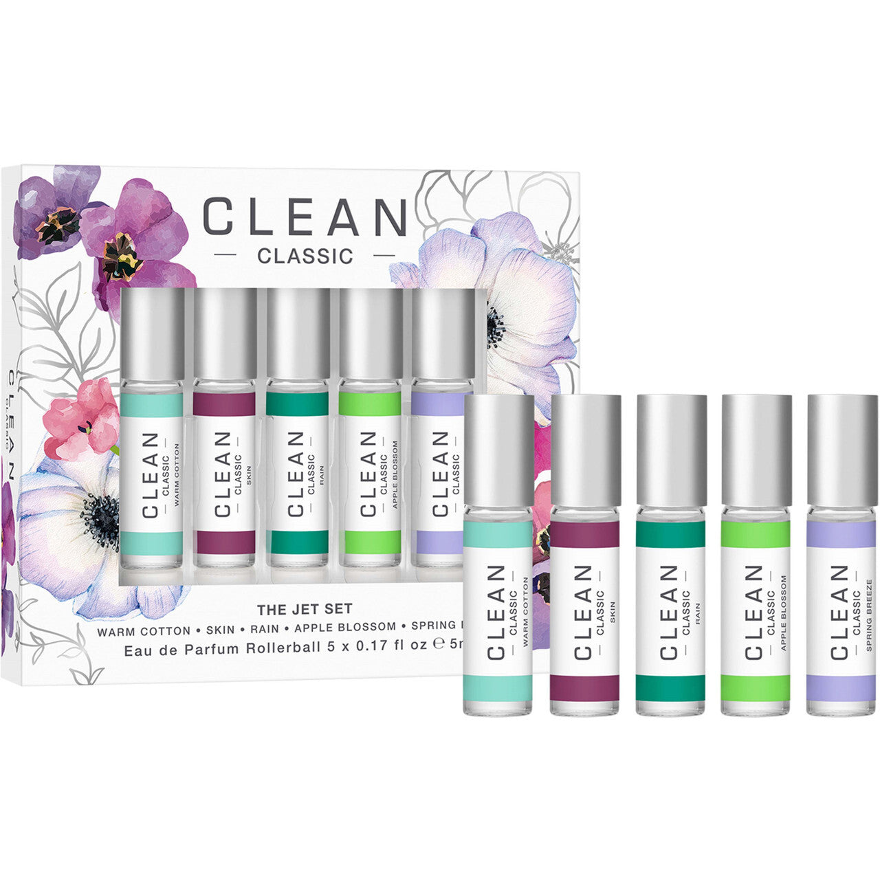 Clean classic 5 x 5 ml eau de parfum rollerball set: warm cotton + skin + rain + apple blossom + spring breeze